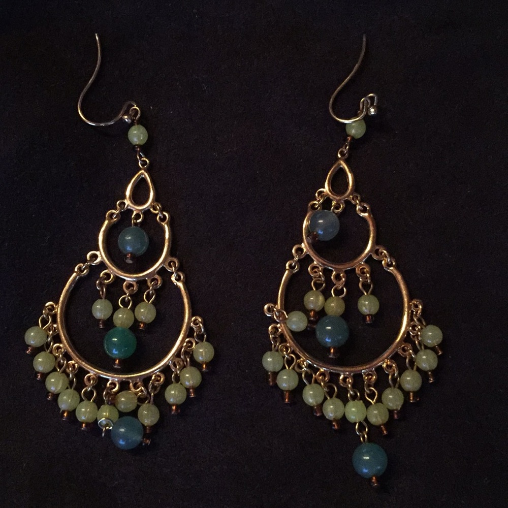 Green Bead Dangle Chandelier Statement Earrings - image 3